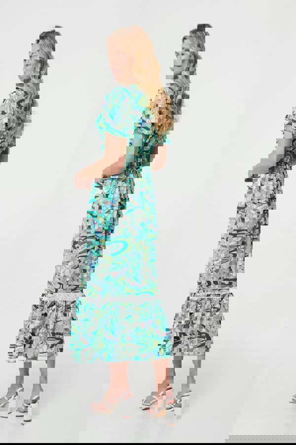 Green | Abstract Lace Trim Tie Neck Midi Dress
