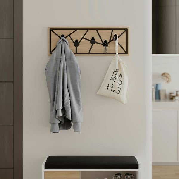 Decortie Modern Trace Wall-Mounted Oak Hanger with 5 Metal Hooks Entryway, Hallway Bedroom Coat Rack 74.6(W)x1.80(D)x26.6(H)cm