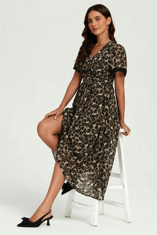 FS Collection Leopard Print Lace Trim On Sleeve Midi Dress In Brown