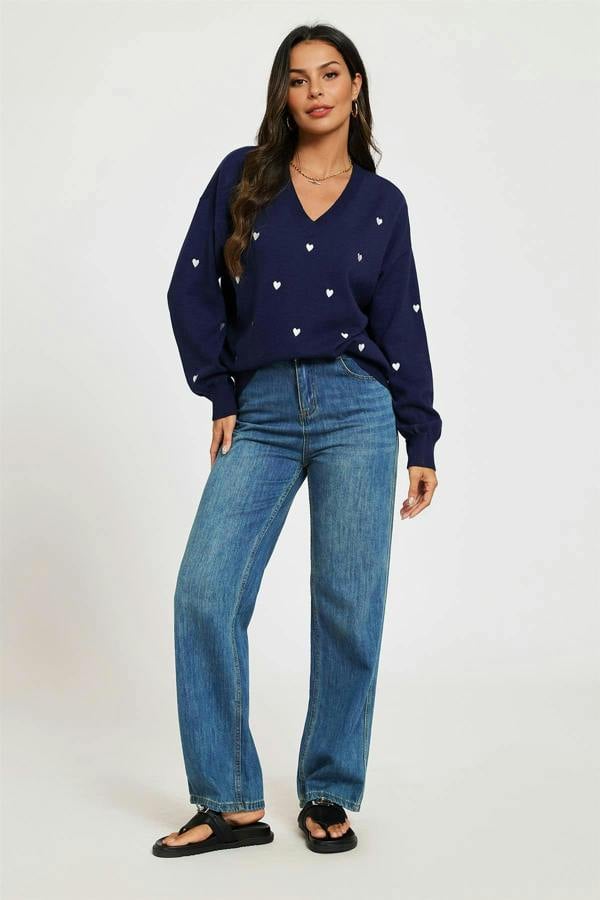 FS Collection Embroidery White Heart V Neck Jumper In Navy