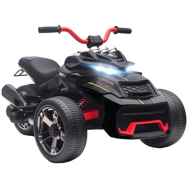 Black 3-wheel kids electric ride-on car with red handle grips and blue LED headlights