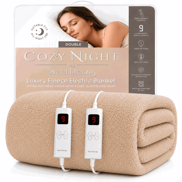 Sweet Dreams Double Size Electric Heated Blanket Mattress Soft Fleece Throw 9 Heat And 9 Timer Settings Dual Controller Washable