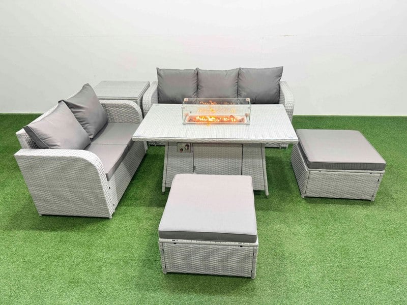 Fimous 7 Seater PE Rattan Garden Furniture Patio Conservatory Sofa Set with Fire Pit Dining Table 3 Seater Sofa Love Sofa 2 Big Footstool Side Table