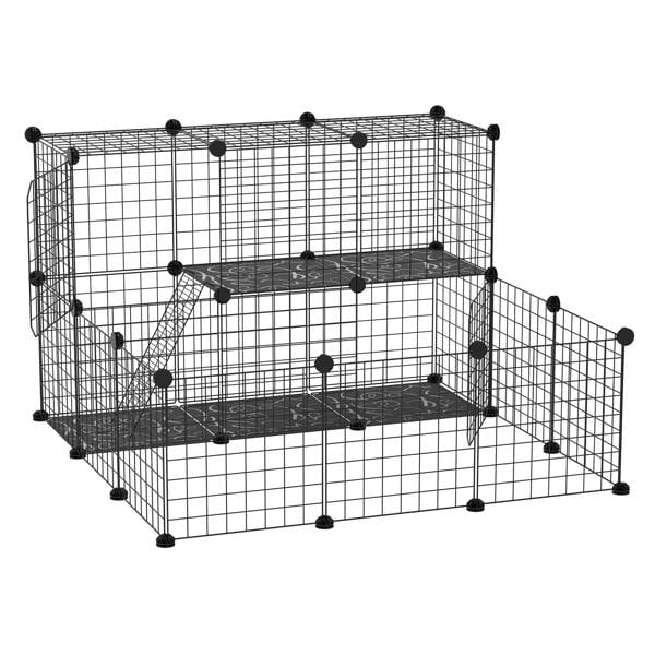 Black wire pet playpen with two levels and ramps, plus front door opening