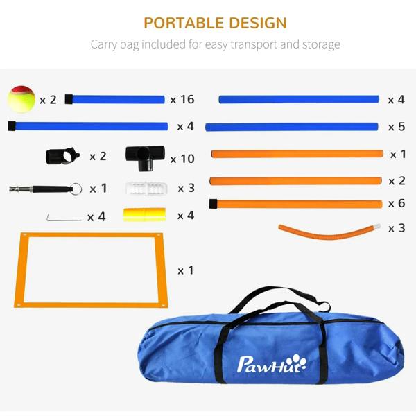 Blue PawHut carry bag with blue and orange agility obstacle parts and stakes