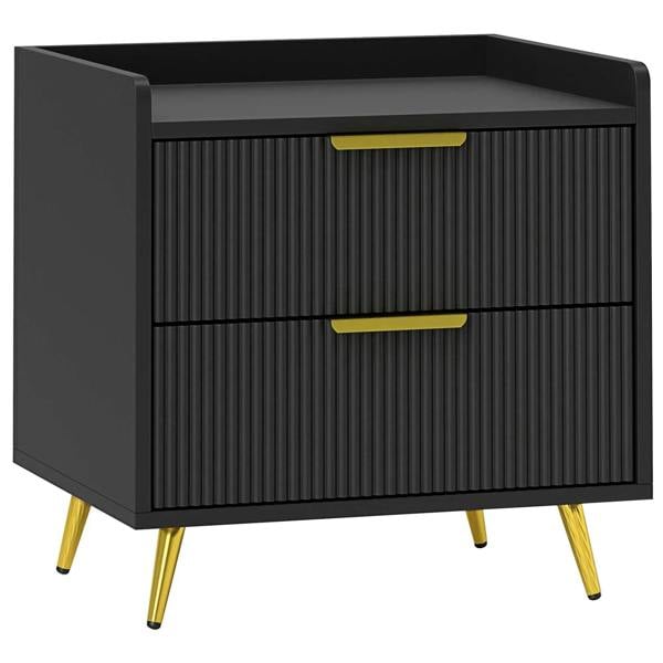 Black bedside table with two ribbed drawers, gold legs and yellow pulls