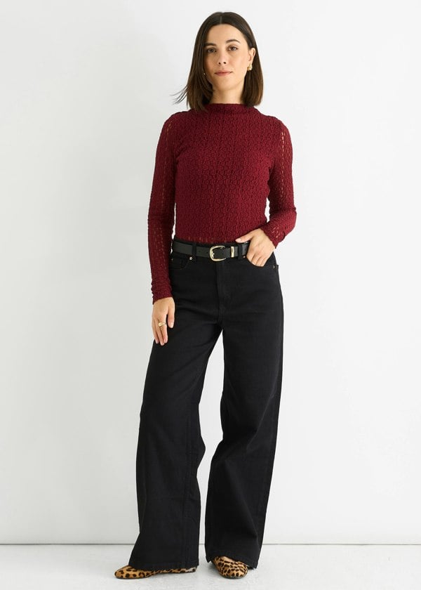 Gini London Burgundy High Neck Jersey Lace Long Sleeves Top