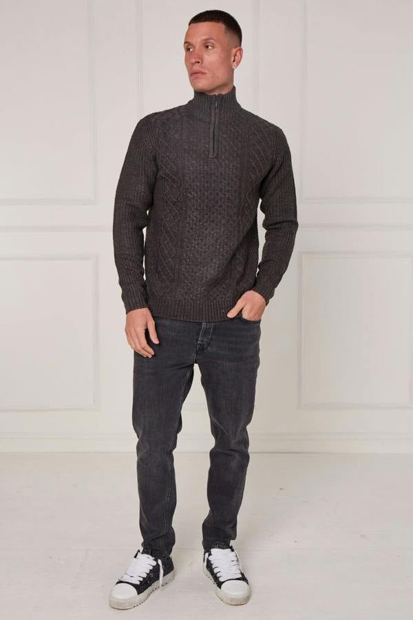 Men’s Half Zip Cable Knit Textured Jumper