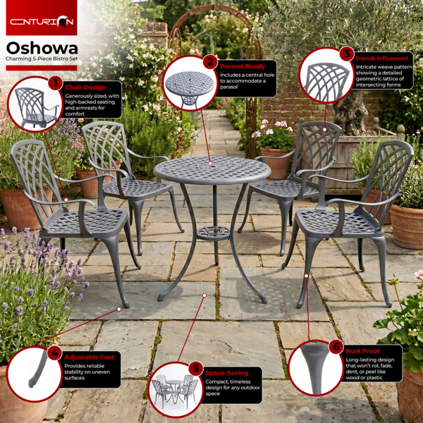Centurion Supports OSHOWA Luxurious Garden and Patio Table and 4 Large Chairs with Armrests Cast Aluminium Bistro Set Grey