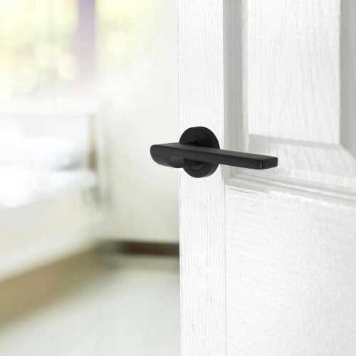 EDH Door Hardware Modern Matt Black Lever on Rose Plate Door Handle Set – 1 Pairs, 52mm Round Rose Plate & 127mm Lever Handle