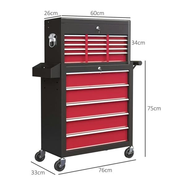 Two-part tool storage chest with 14 drawers, red drawer fronts, side handle