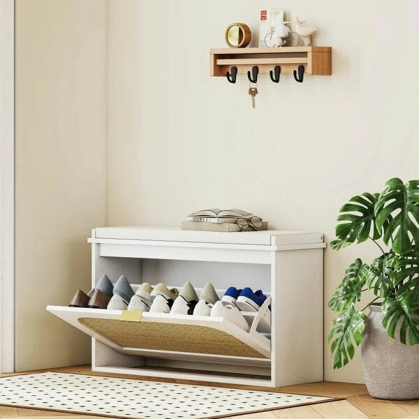 Boho Shoe Bench with Padded Seat and Flip-Drawer - White - White