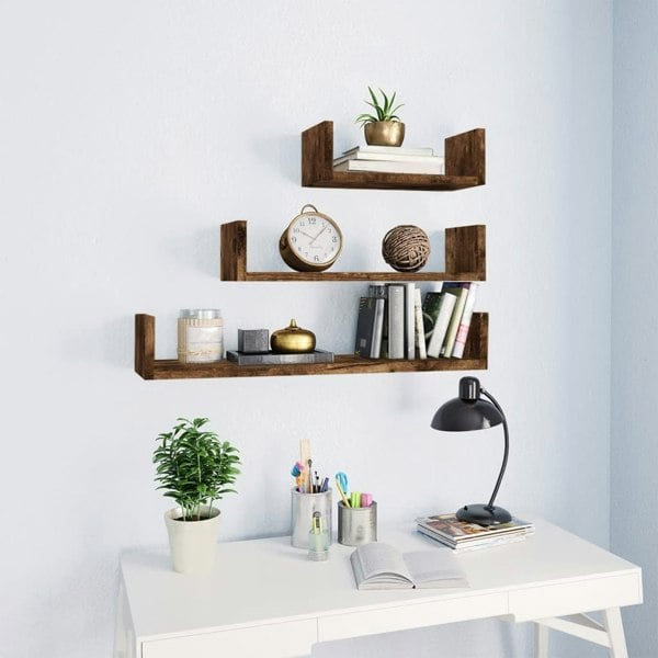 Berkfield Wall Display Shelves 3 pcs Smoked Oak Engineered Wood