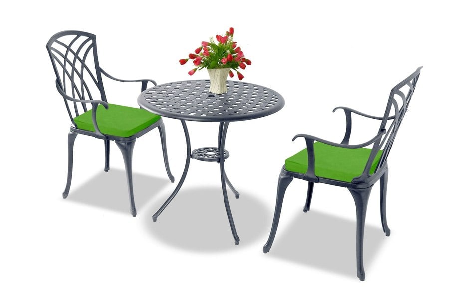 Centurion Supports OSHOWA Luxurious Garden and Patio Table and 2 Large Chairs with Armrests Cast Aluminium Bistro Set - Grey with Green Cushions