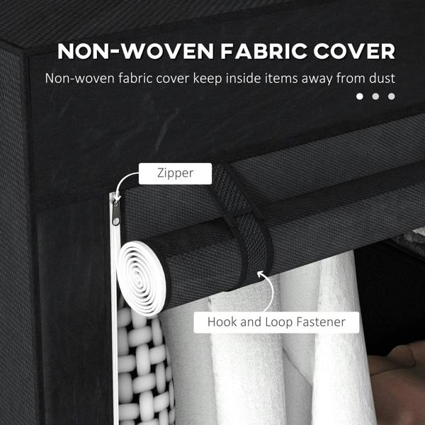 Black non-woven fabric cover with zipper and hook-and-loop fasteners for dust protection.