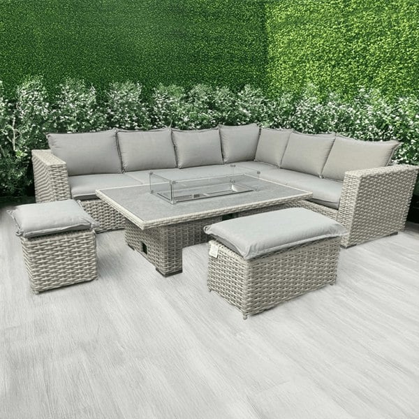 L Shaped 9 Seater Grey Rattan Patio Set With Fire Pit Table - 5