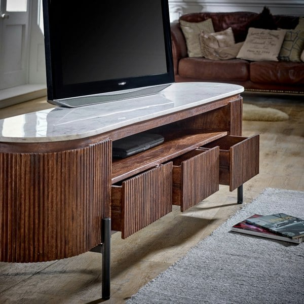 IH Design Miel Mango Wood Large TV Stand With Marble Top & Metal Legs