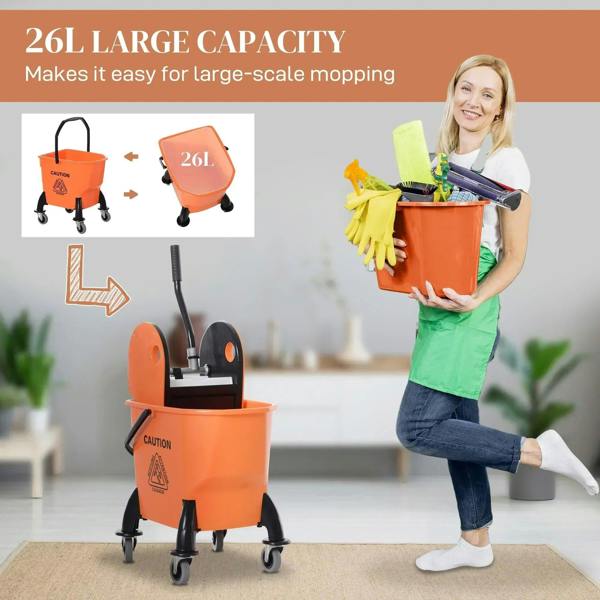 Orange large-capacity mop bucket with wringer, wheels, and standing handle