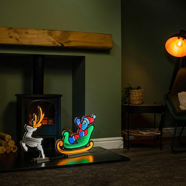 Samuel Alexander 75cm Infinity Santa in Sleigh with Reindeer on Metal Base and Multi-Coloured LEDs