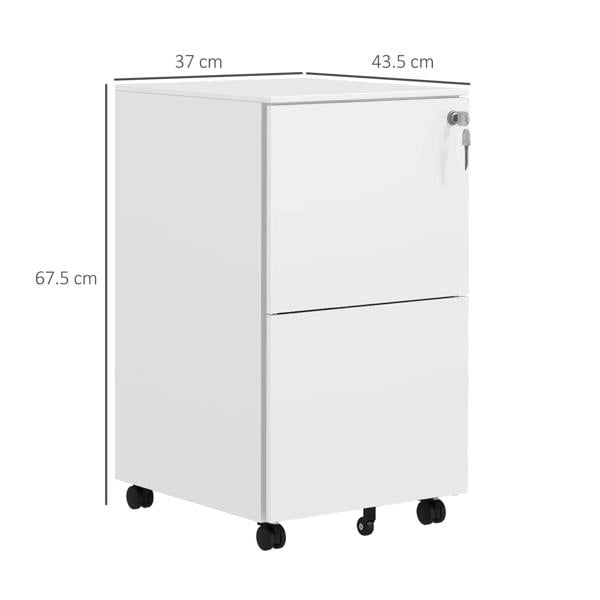 White steel mobile filing cabinet with two drawers, lock, and five caster wheels