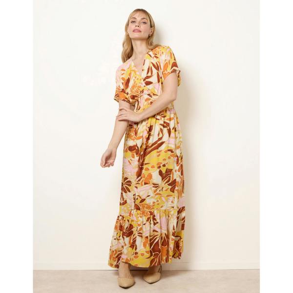 Blue Vanilla Tropical V Front Shirred Waist Maxi Dress