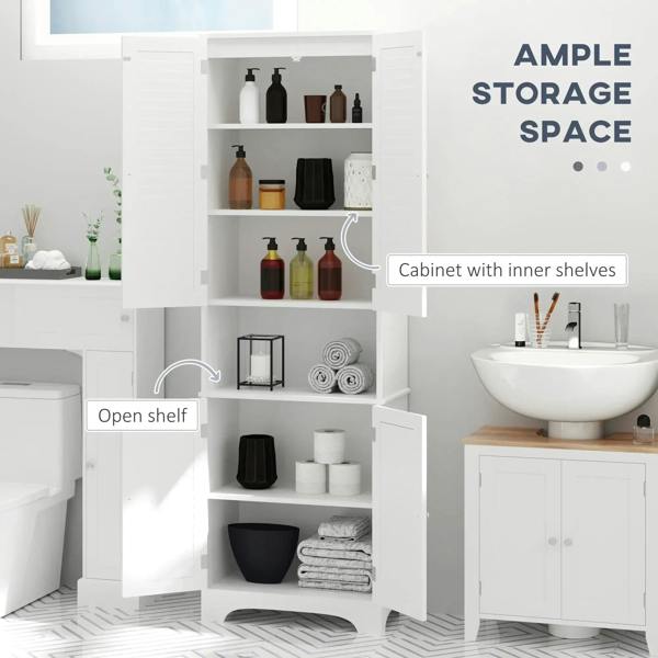 White bathroom cabinet interior with inner shelves, open shelf, and storage for toiletries