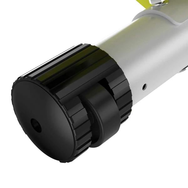 Close-up of black resistance unit and crank housing on a white folding exercise bike