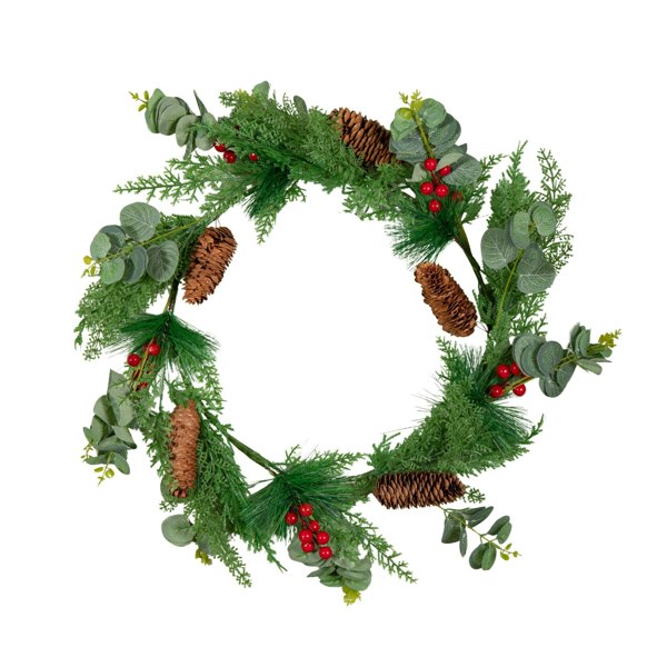 Samuel Alexander 50cm Hanging Christmas Eucalyptus Wreath with Red Berries and Pinecones