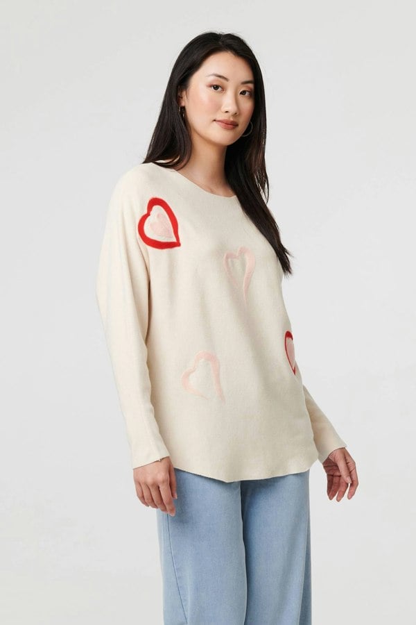 Beige | Heart Print Batwing Sleeve Jumper

