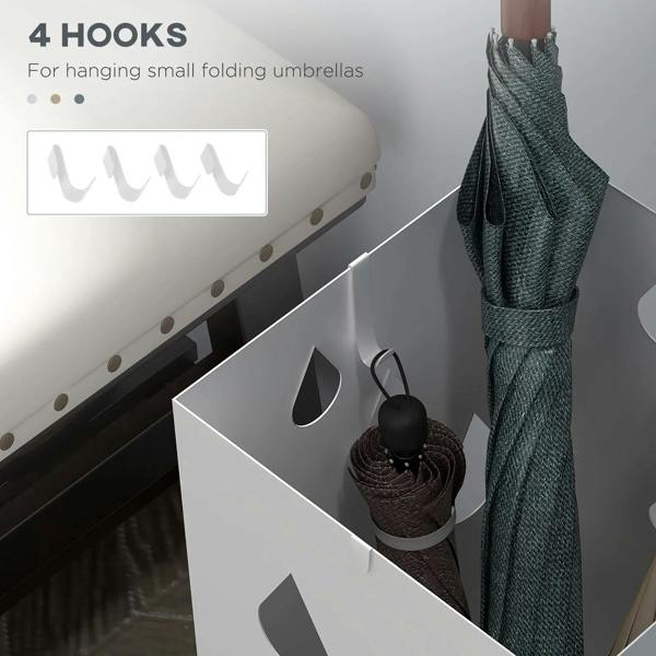 White umbrella stand with four hooks for small folding umbrellas, raindrop cutouts