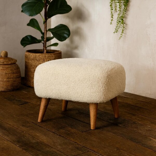 Wyld Haus Olbia Boucle Cream Square Footstool Mango Wood Legs