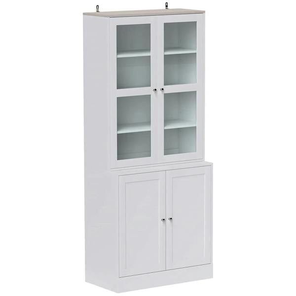 White double display storage cabinet with glass-pane doors and four interior shelves