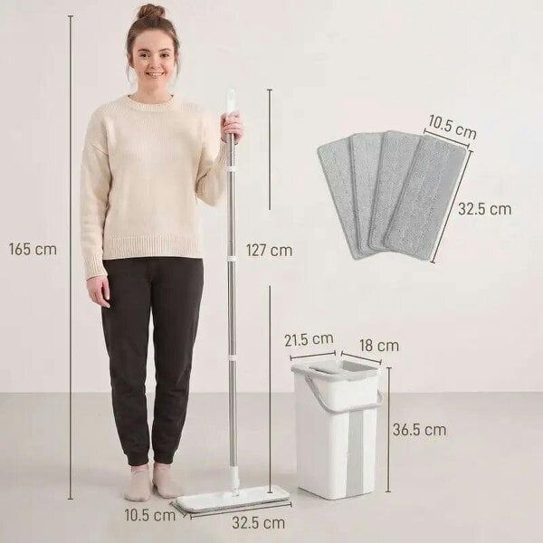Bobobiy Mop and Bucket Set, Compact Flat Mop System with Wringer, 2-Chamber Design, 5 Reusable Pads, 127cm Handle, White