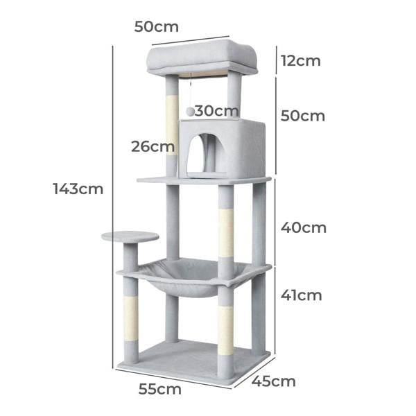 Skylos 143cm Cat Tree Multilevel Scratching Post Climbing Tower Activity Centre
