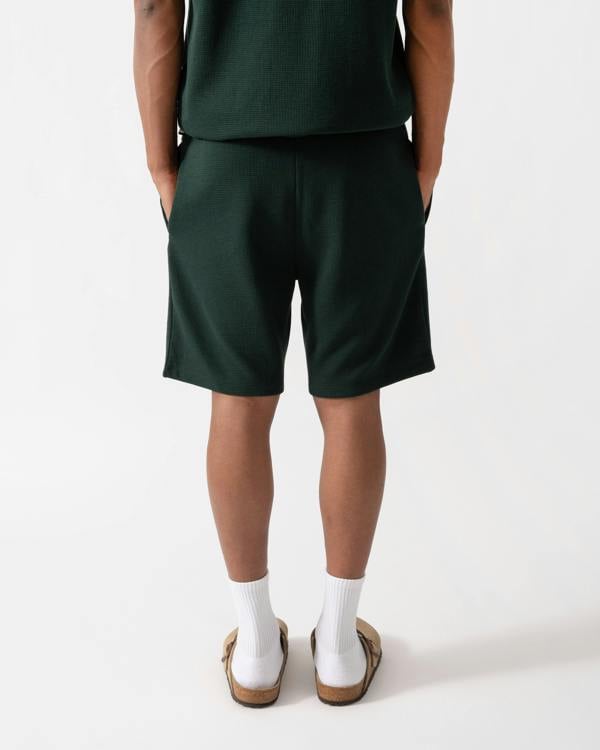 Back of BOSS Orange Waffle Mens Cotton Blend Waffle Structure Pyjama Shorts with Embroidered Logo - Dark Green 308