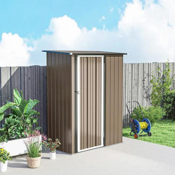 Brown metal storage shed with front door and sloped roof, vertical panel siding