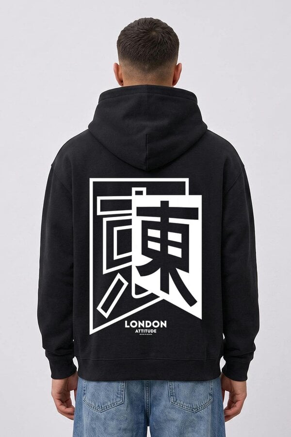 London Attitude Oversized Japanese Inspired Graphic Hoodie in Black