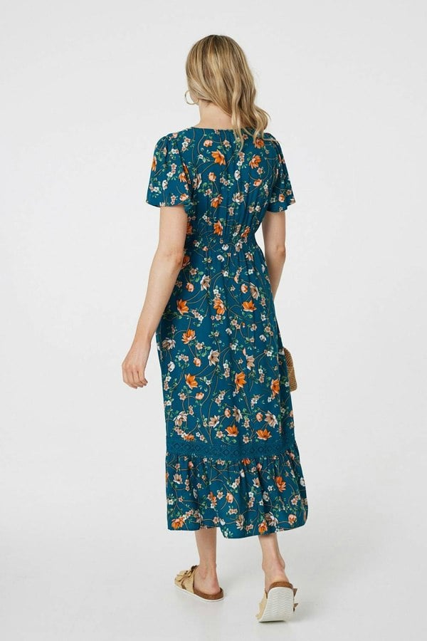 Teal | Floral Lace Trim Short Sleeve Midi Dress