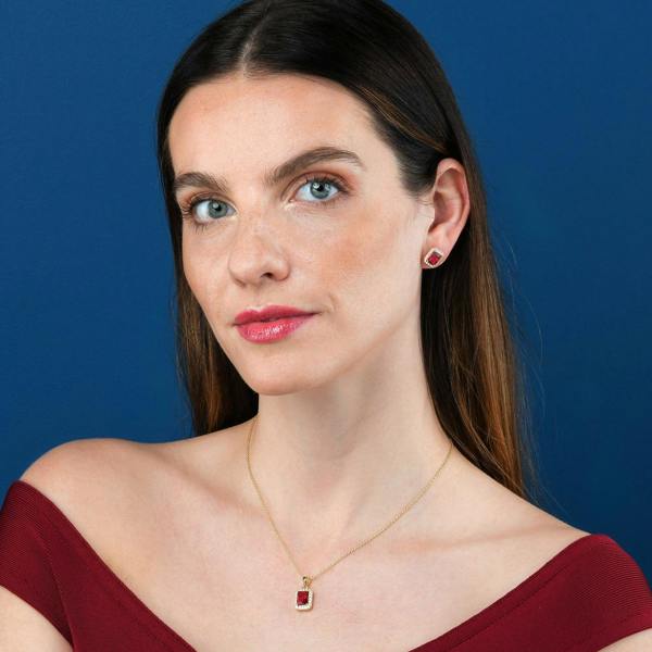 namana Gold Plated 925 Sterling Silver Red Rectangle Halo Pendant Necklace For Women