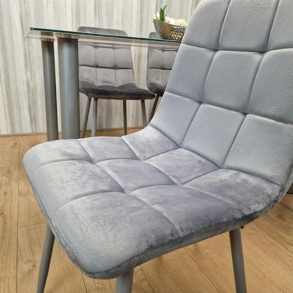 Kosy Koala Dining Table Clear Glass and 4 Velvet Grey Chairs Dining Room Furniture