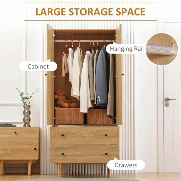 Natural wood wardrobe with hanging rail and two drawers, open front storage