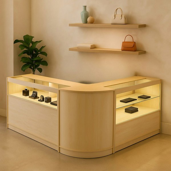 Adonis LED Shop Counter Set in maple features a sleek, curved design with illuminated display shelves and a modern aesthetic
