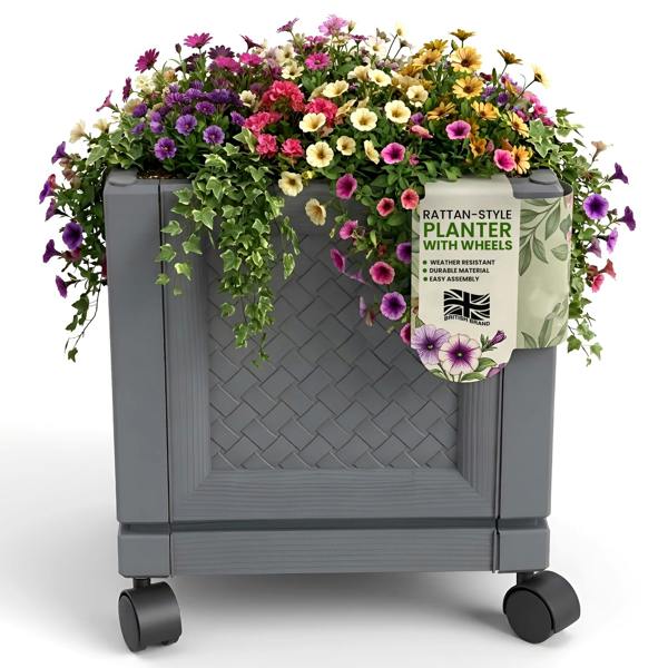 My Garden Outdoor Living My Garden Square Planter with Wheels - Rattan Style Plastic Garden Planter Pot for Indoor & Outdoor Use with Air Vent
