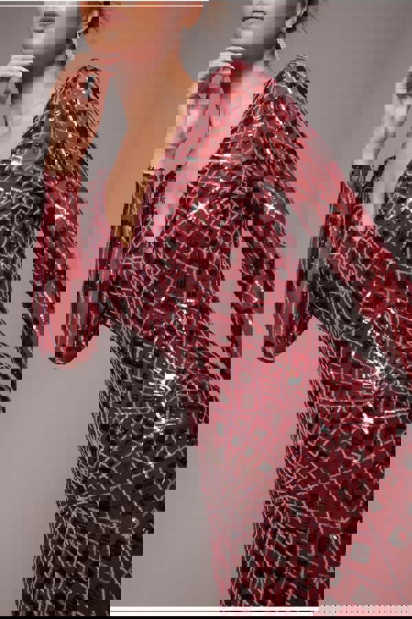 Geo Sequin Long Sleeve Maxi Dress - Wine DR3495