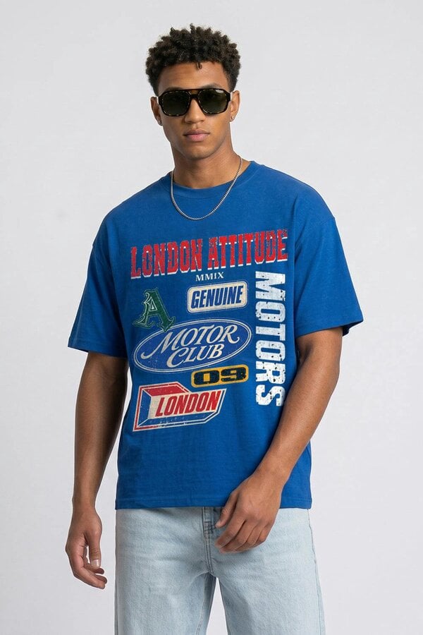 London Attitude Oversized Heavyweight Vintage Racing T-Shirt - Deep Royal Blue