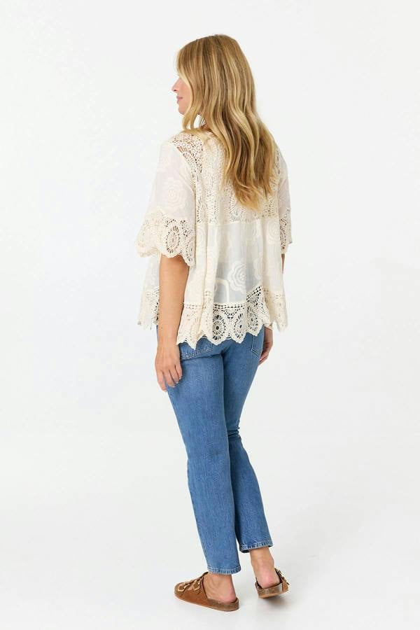 Ivory | Crochet Texture Tassel Front Boho Blouse