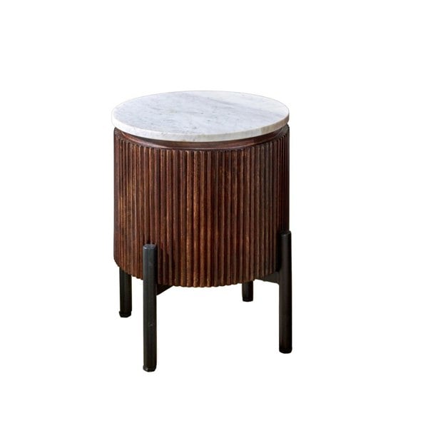 IH Design Miel Mango Wood Side Table With Marble Top & Metal Legs