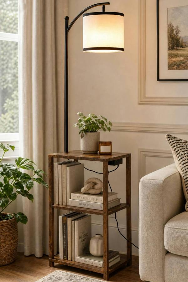 Modern Metal Floor Lamp Side Table 2 In 1