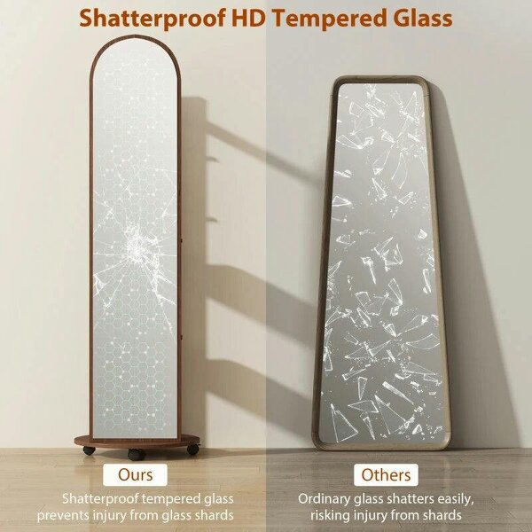 2-in-1 Full Length Mirror with Storage Shelves, Floor Mirror with 4 Wheels, Coat Rack, Hooks, Brown Wood Effect