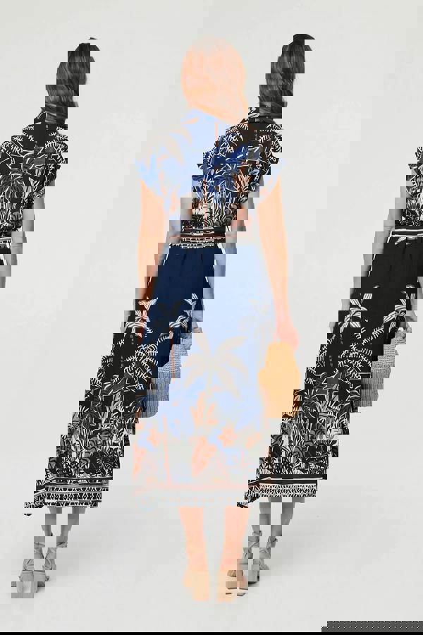 Navy | Tropical Print Belted Midi Shirt Dress
